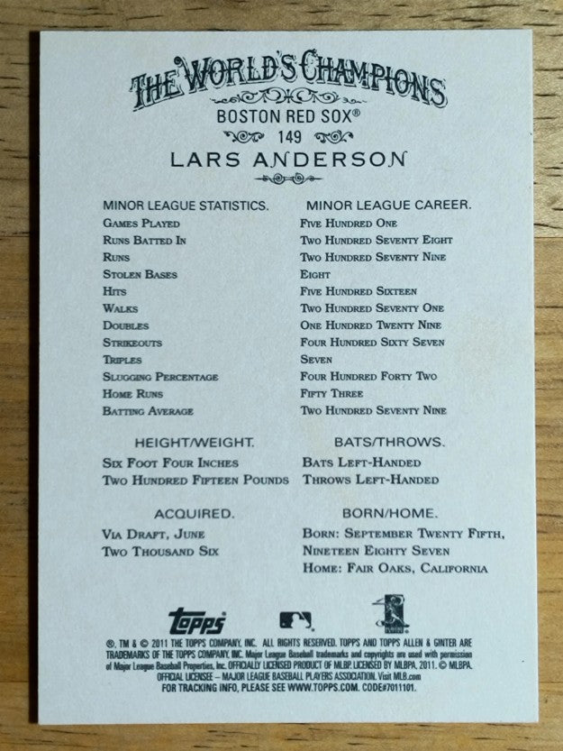2011 Topps Allen and Ginter #149 Lars Anderson RC