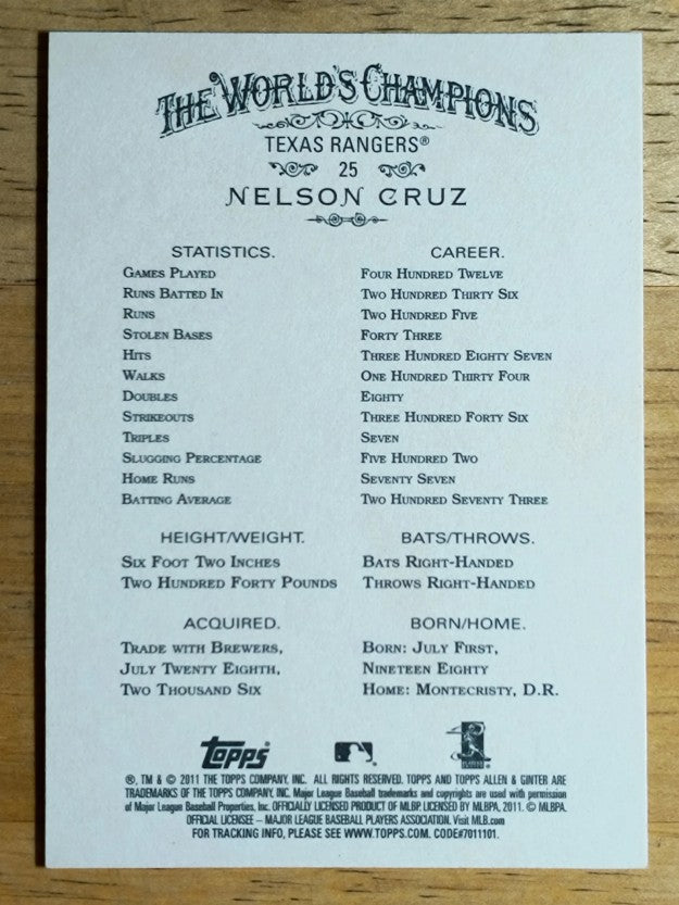 2011 Topps Allen and Ginter #25 Nelson Cruz