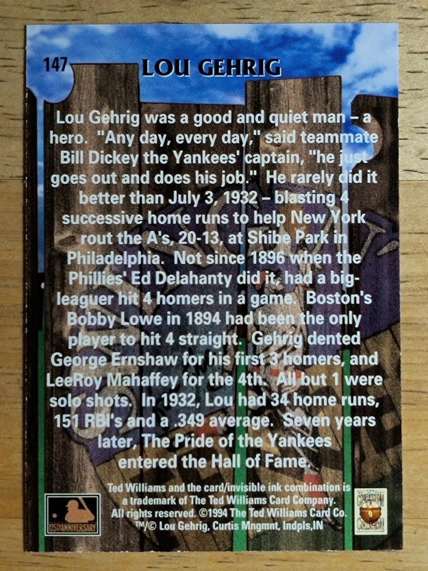 1994 Ted Williams #147 Lou Gehrig