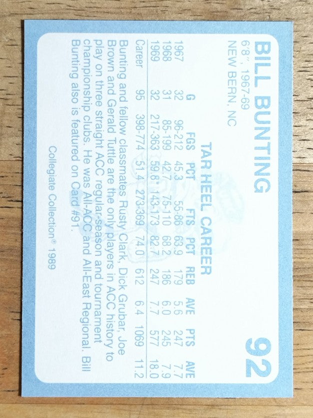 1989-90 North Carolina Collegiate Collection #92 Bill Bunting