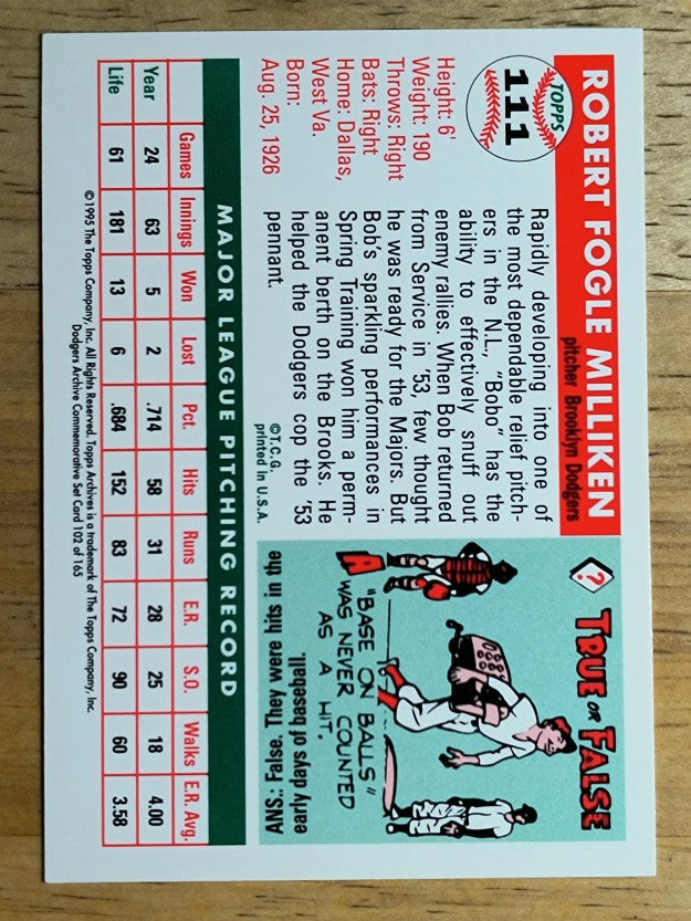 1995 Topps Archives Brooklyn Dodgers #102 Bob Milliken