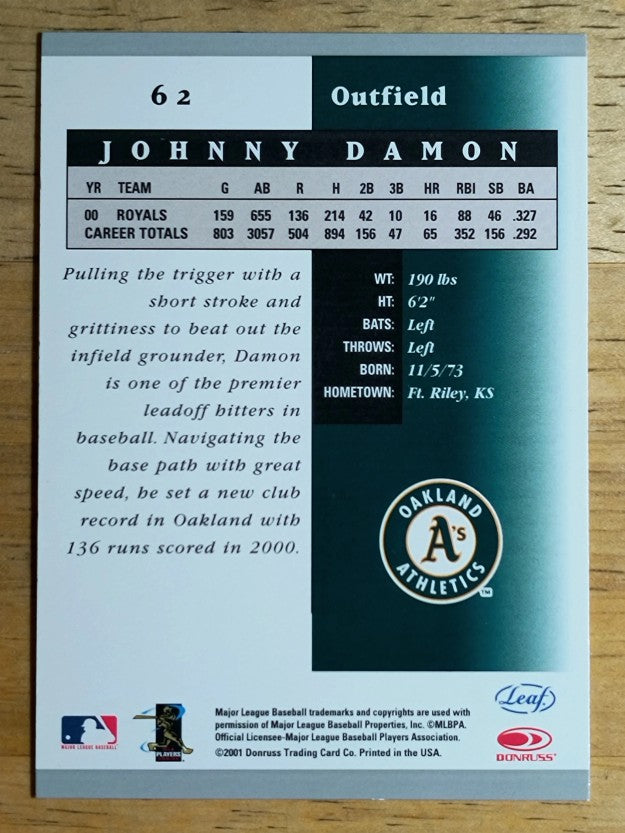 2001 Leaf Certified Materials #62 Johnny Damon
