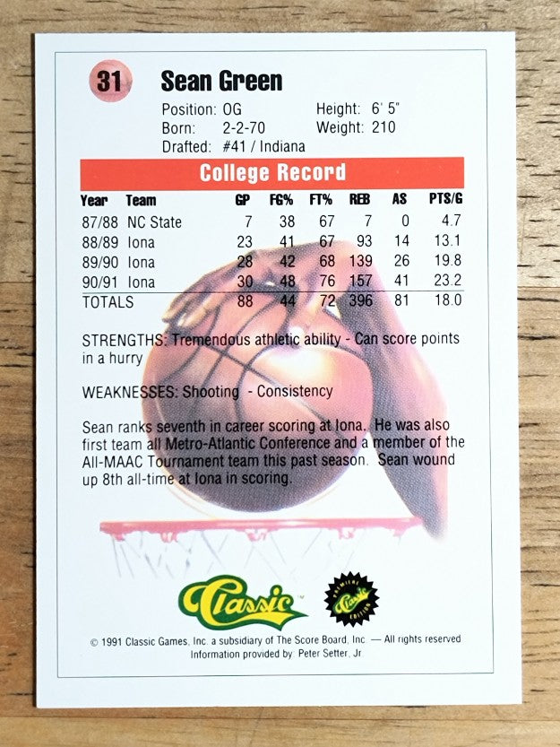 1991 Classic #31 Sean Green