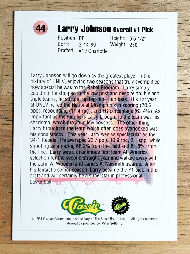 1991 Classic #44 Larry Johnson Top Pick