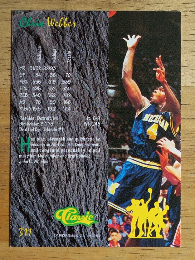 1993 Classic Four Sport #311 Chris Webber JWA