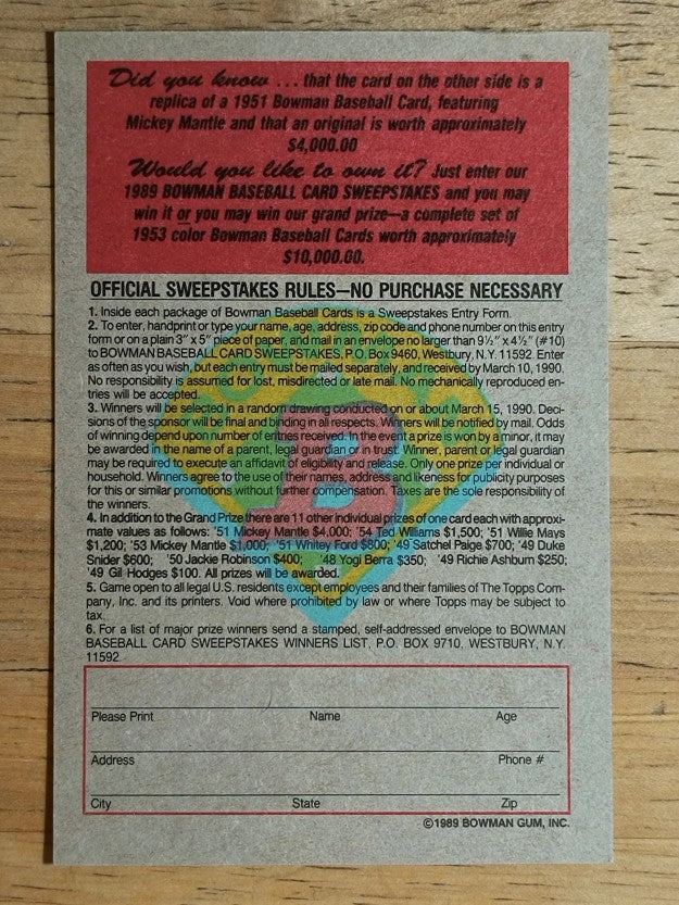 1989 Bowman Reprint Inserts #5 Mickey Mantle 51
