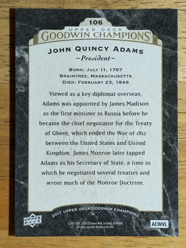 2017 Upper Deck Goodwin Champions #106 John Quincy Adams BW SP