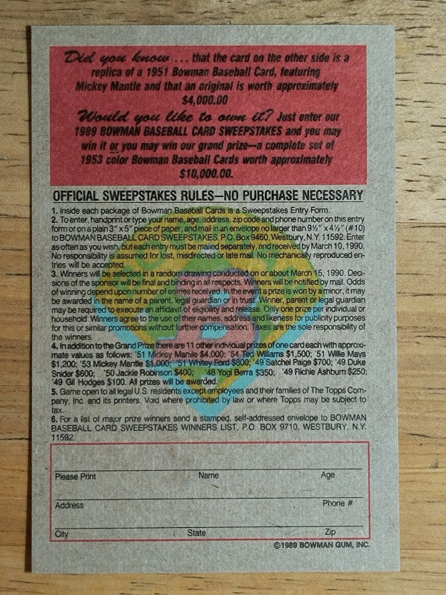 1989 Bowman Reprint Inserts #5 Mickey Mantle 51