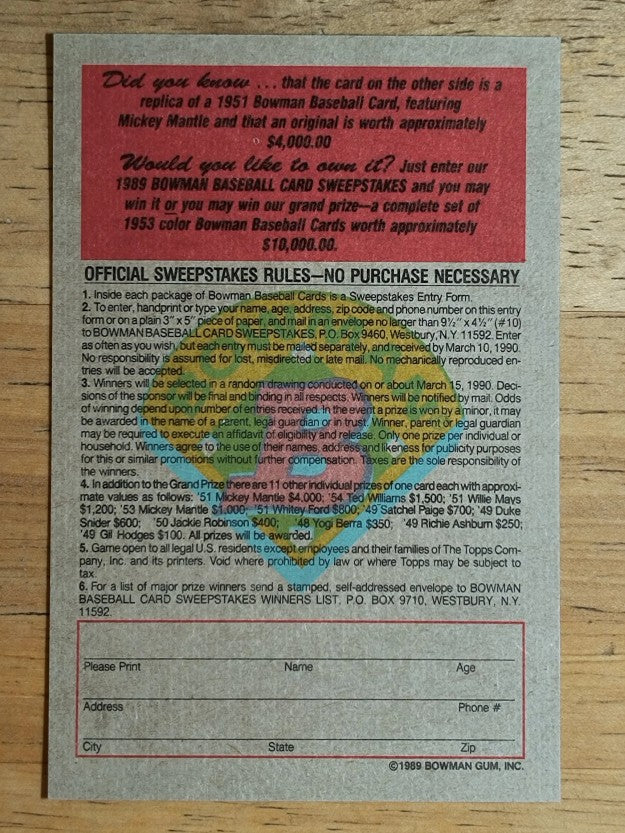 1989 Bowman Reprint Inserts #5 Mickey Mantle 51