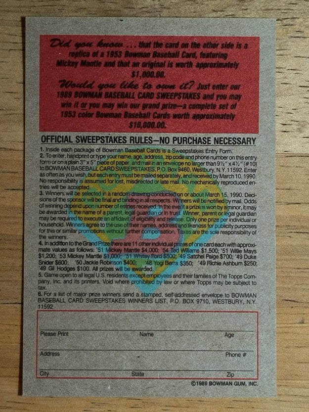 1989 Bowman Reprint Inserts #6 Mickey Mantle 53