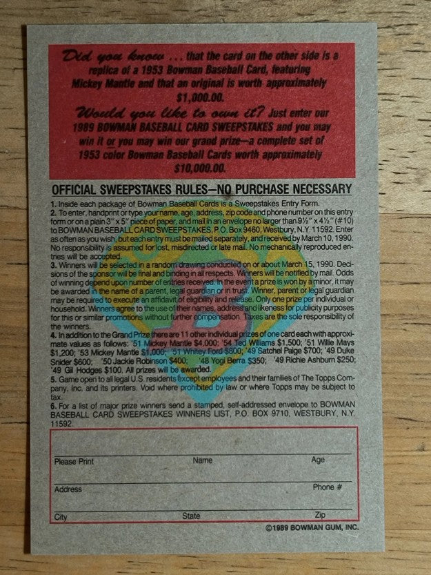 1989 Bowman Reprint Inserts #6 Mickey Mantle 53