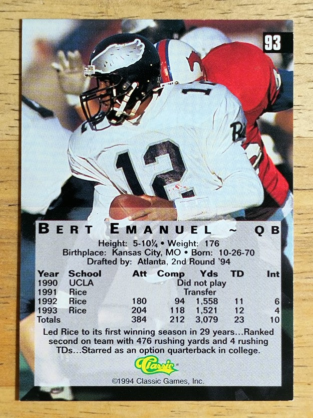 1994 Classic Four Sport #93 Bert Emanuel