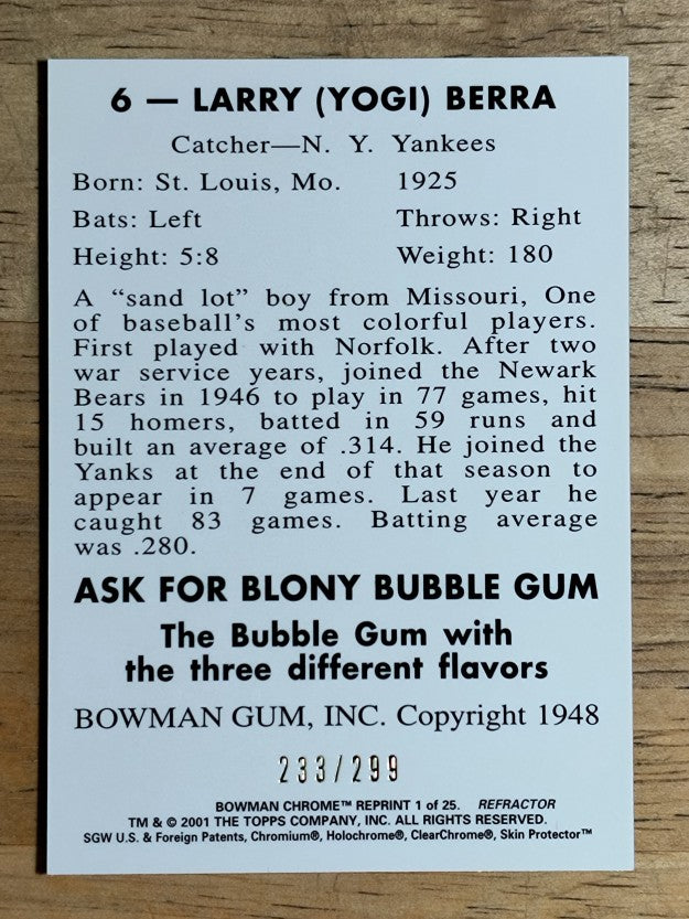2001 Bowman Chrome Rookie Reprints Refractors #1 Yogi Berra