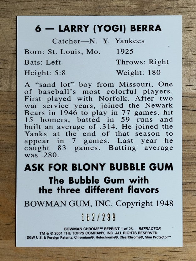 2001 Bowman Chrome Rookie Reprints Refractors #1 Yogi Berra