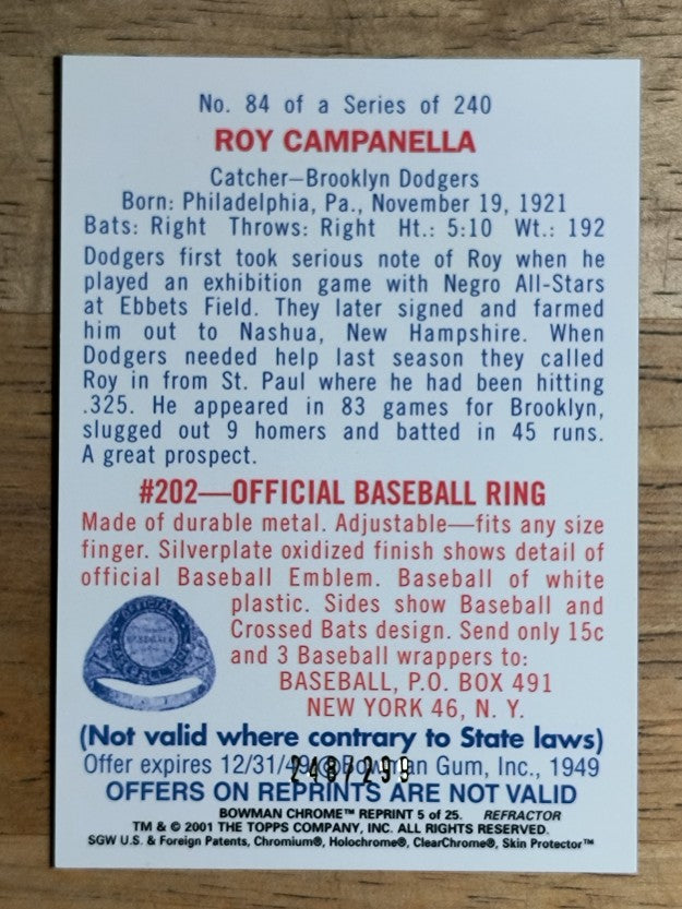 2001 Bowman Chrome Rookie Reprints Refractors #5 Roy Campanella