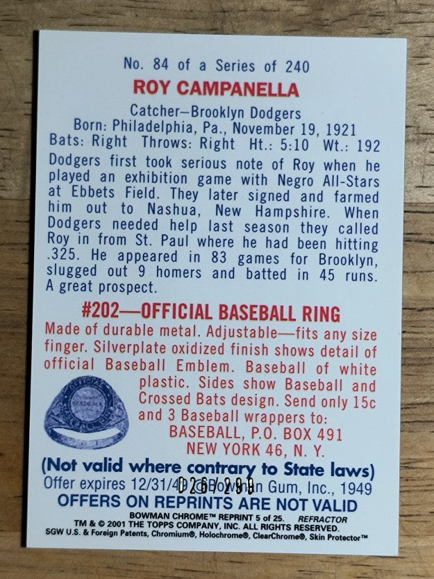 2001 Bowman Chrome Rookie Reprints Refractors #5 Roy Campanella