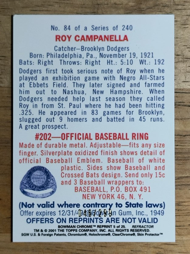2001 Bowman Chrome Rookie Reprints Refractors #5 Roy Campanella