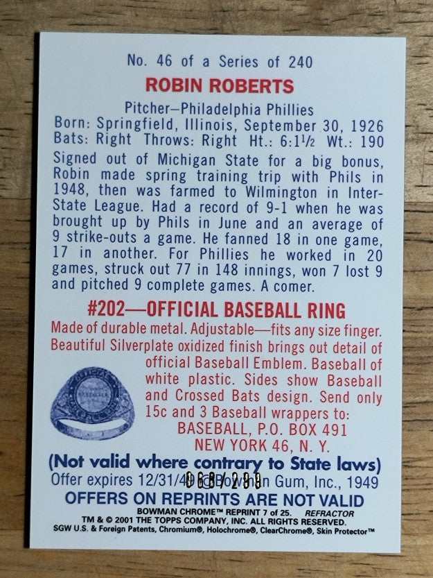 2001 Bowman Chrome Rookie Reprints Refractors #7 Robin Roberts