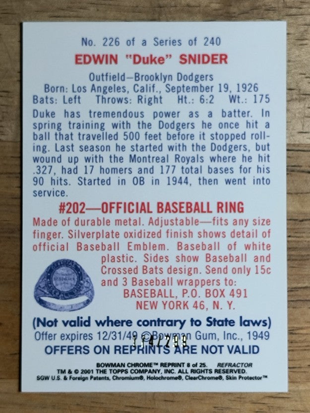 2001 Bowman Chrome Rookie Reprints Refractors #8 Duke Snider