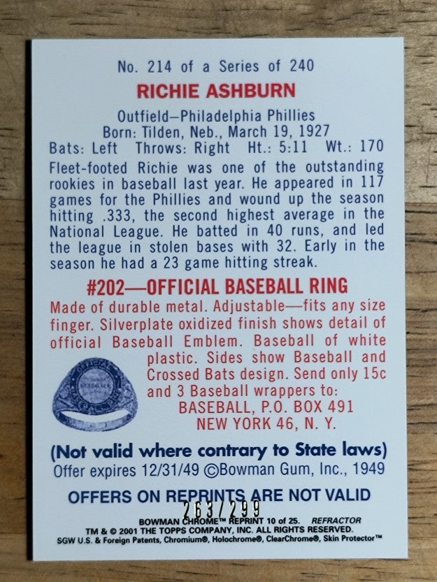 2001 Bowman Chrome Rookie Reprints Refractors #10 Richie Ashburn