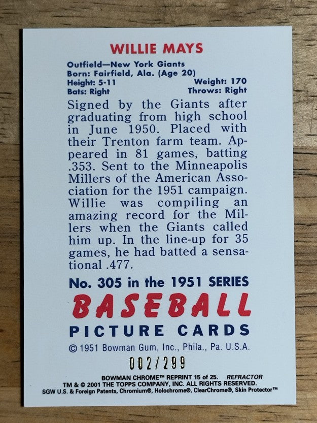 2001 Bowman Chrome Rookie Reprints Refractors #15 Willie Mays