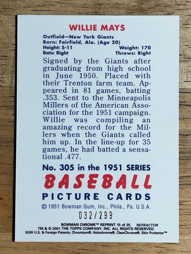 2001 Bowman Chrome Rookie Reprints Refractors #15 Willie Mays