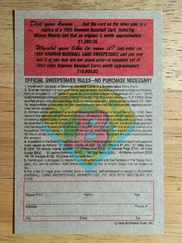 1989 Bowman Reprint Inserts #6 Mickey Mantle 53