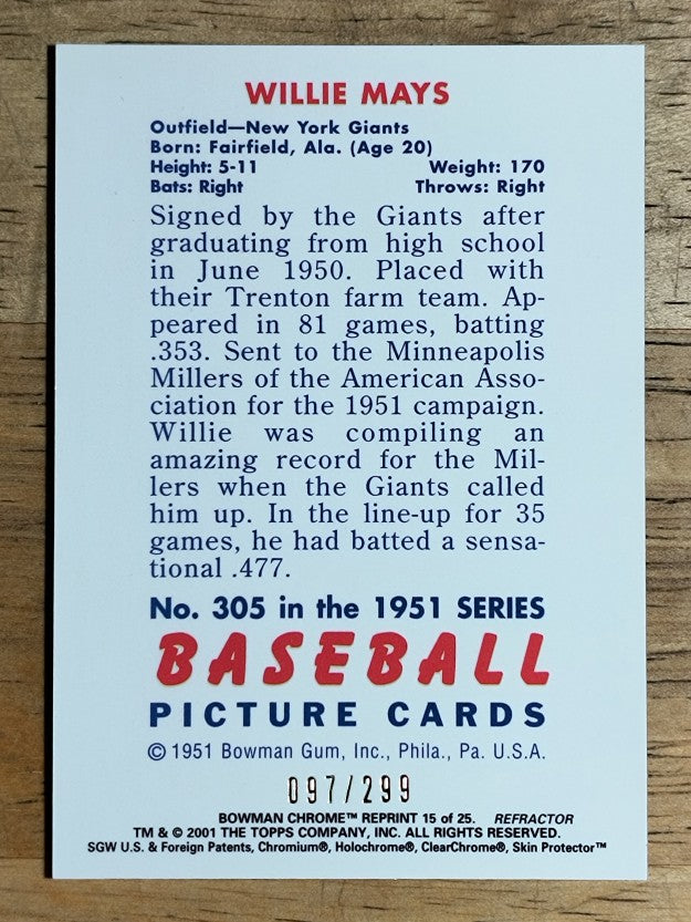 2001 Bowman Chrome Rookie Reprints Refractors #15 Willie Mays