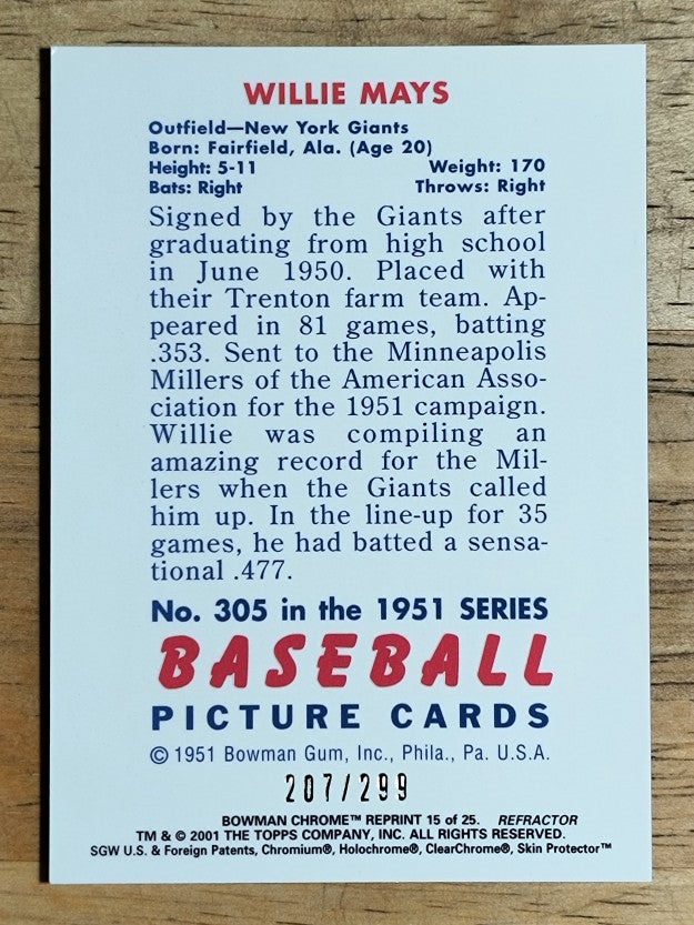 2001 Bowman Chrome Rookie Reprints Refractors #15 Willie Mays