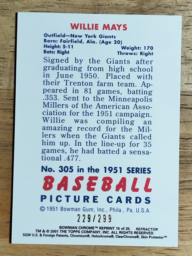 2001 Bowman Chrome Rookie Reprints Refractors #15 Willie Mays