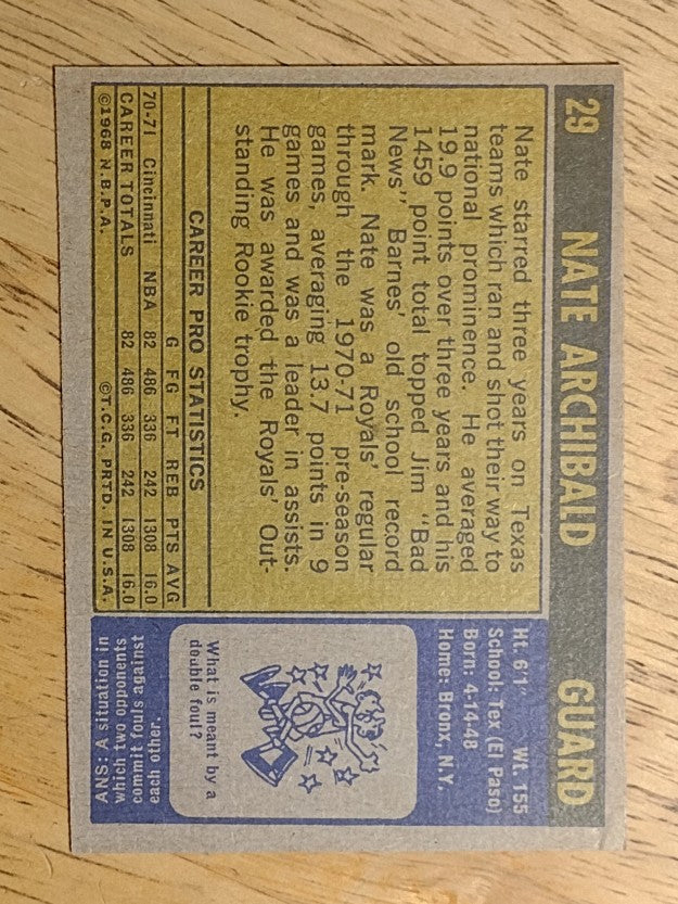 1971-72 Topps #29 Nate Archibald RC (EX)
