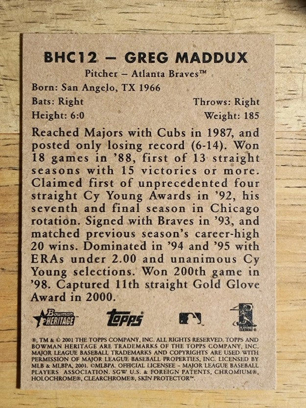 2001 Bowman Heritage Chrome #12 Greg Maddux