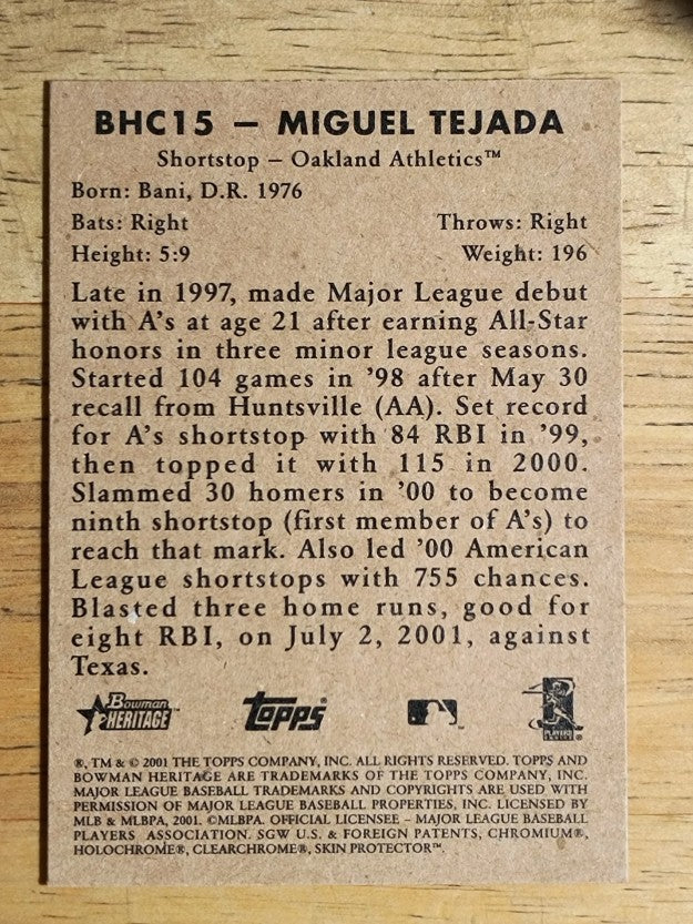 2001 Bowman Heritage Chrome #15 Miguel Tejada