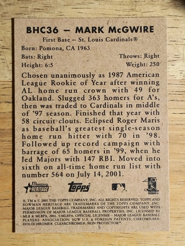 2001 Bowman Heritage Chrome #36 Mark McGwire