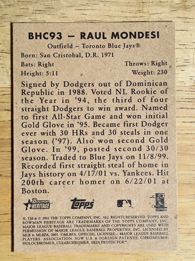 2001 Bowman Heritage Chrome #93 Raul Mondesi