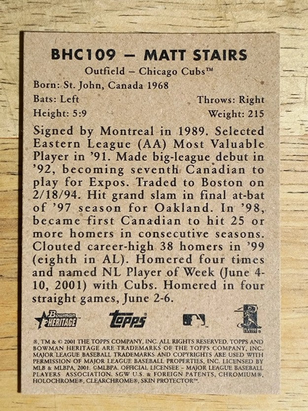 2001 Bowman Heritage Chrome #109 Matt Stairs