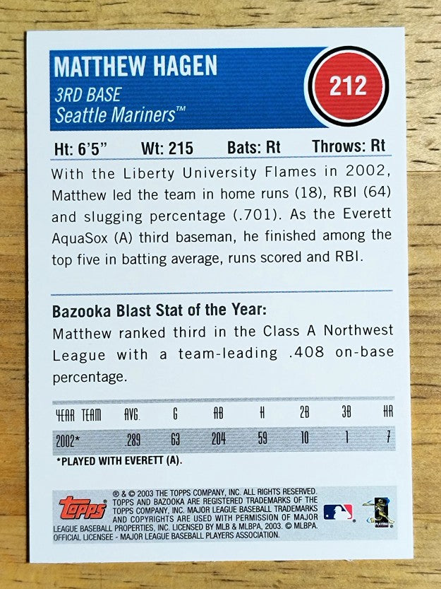 2003 Bazooka #212 Matthew Hagen RC