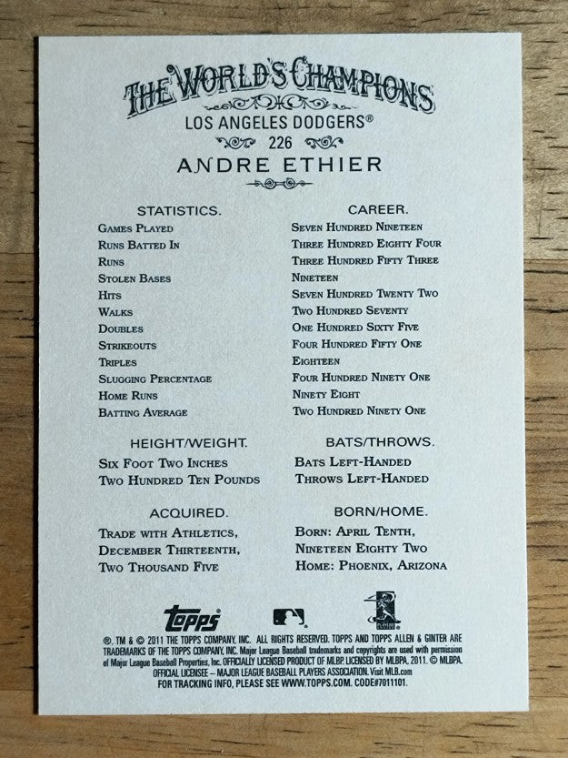 2011 Topps Allen and Ginter Code Cards #226 Andre Ethier