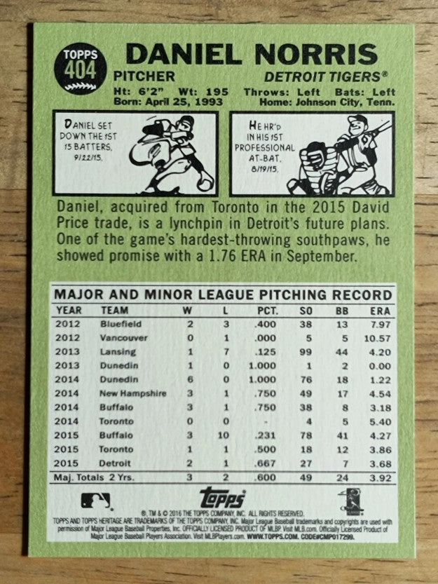 2016 Topps Heritage #404A Daniel Norris