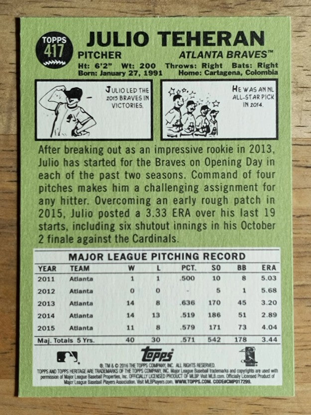 2016 Topps Heritage #417A Julio Teheran