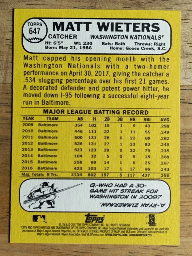 2017 Topps Heritage #647A Matt Wieters