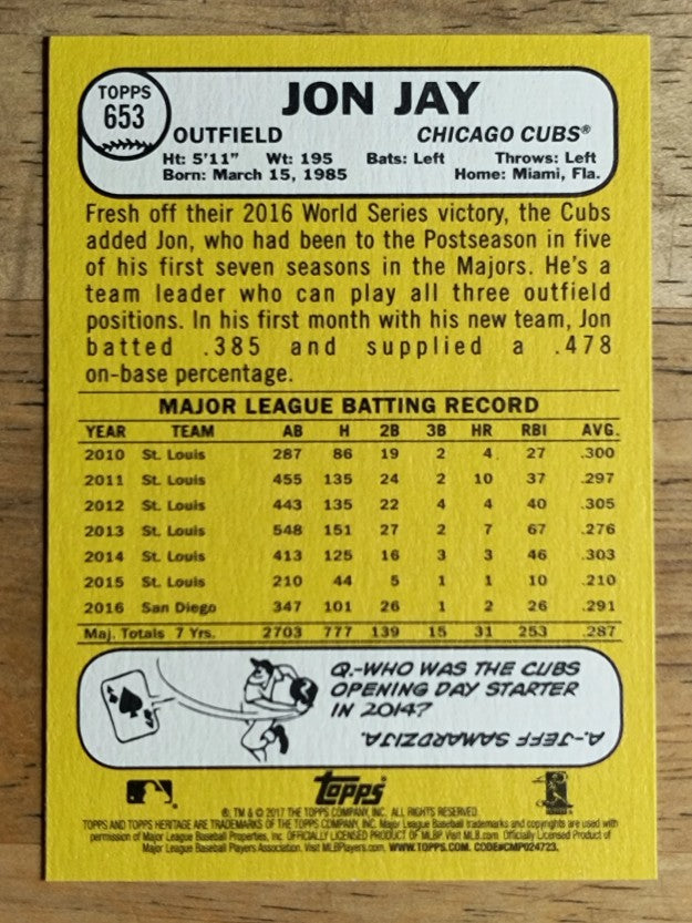 2017 Topps Heritage #653 Jon Jay