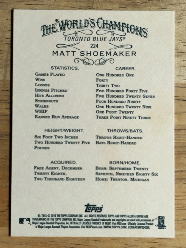2019 Topps Allen and Ginter #224 Matt Shoemaker