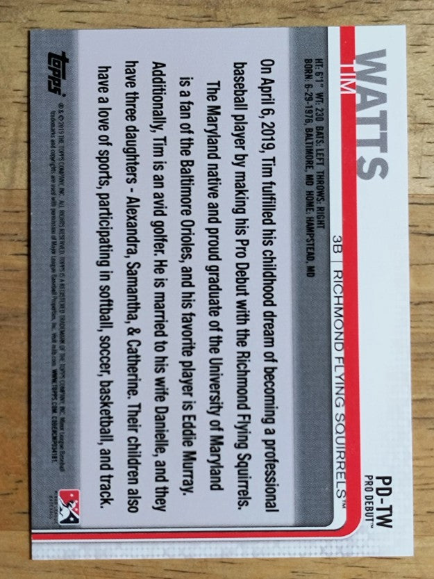 2019 Topps Pro Debut Make Your Pro Debut #PDTW Tim Watts