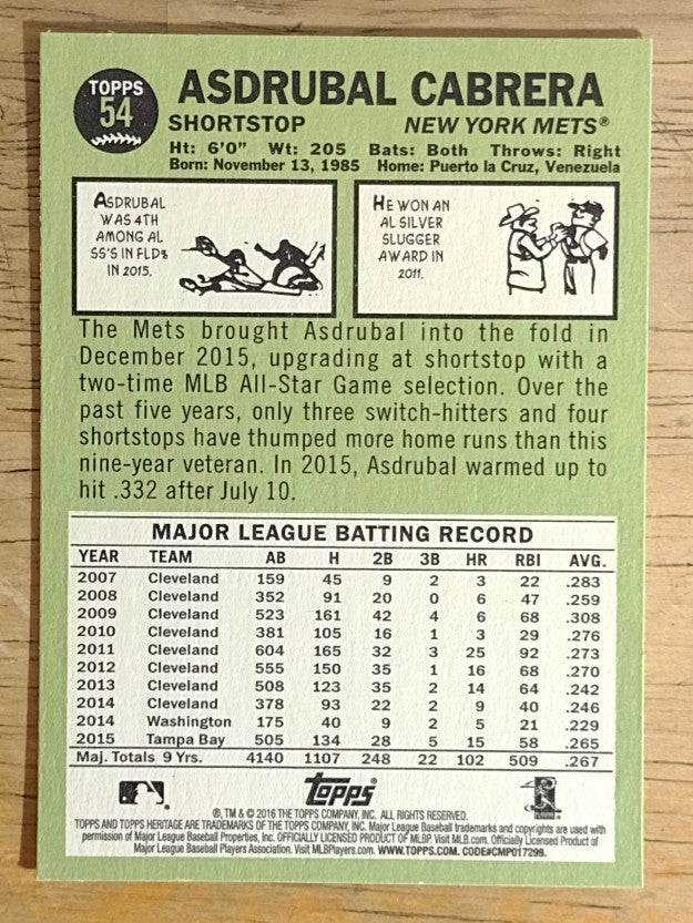 2016 Topps Heritage #54 Asdrubal Cabrera