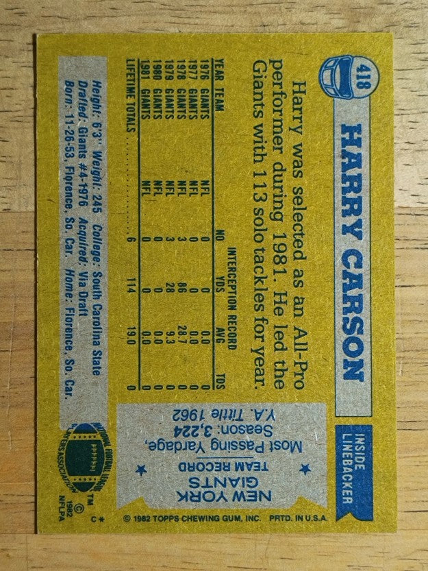 1982 Topps #418 Harry Carson AP