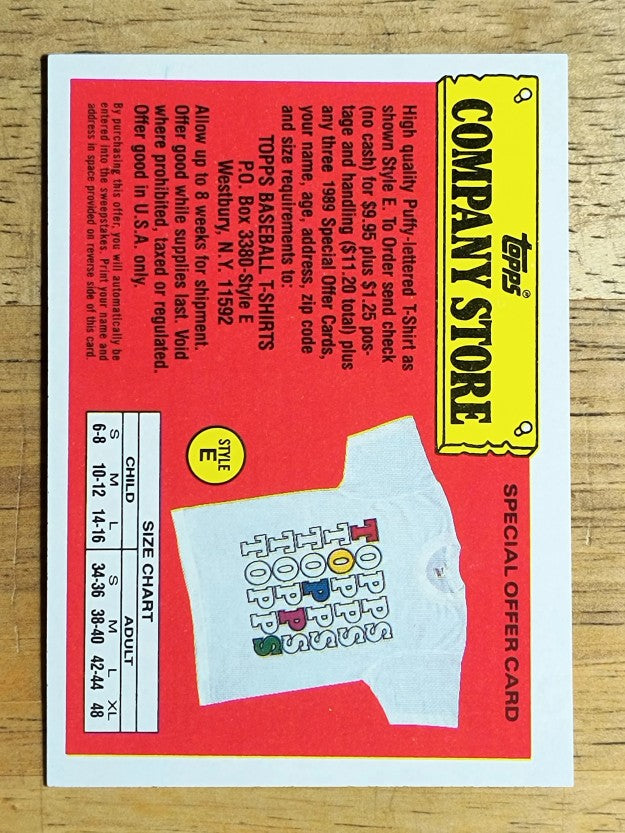 1989 Topps Company Store #NNO Style E T-Shirt Offer/Gray Back