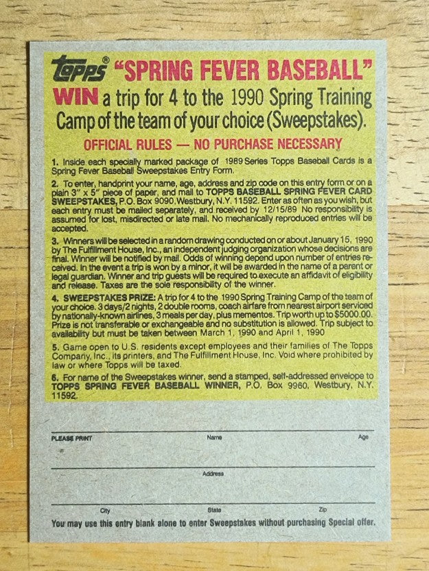 1989 Topps Company Store #NNO Style F T-Shirt Offer/Gray Back