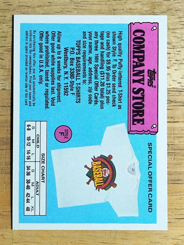 1989 Topps Company Store #NNO Style F T-Shirt Offer/Gray Back