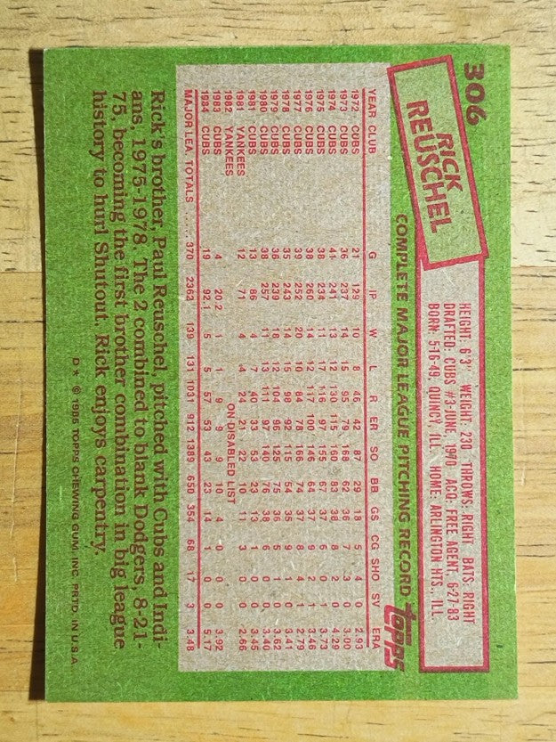 1985 Topps #306 Rick Reuschel